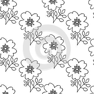 Hand drawn vector illustration. Seamless pattern with silhouettes of simple flowers and twigs. .