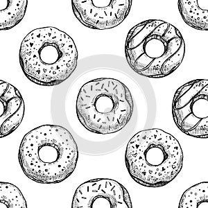 Hand drawn vector illustration - Seamless pattern with tasty donuts