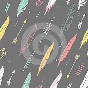 Hand drawn vector illustration. Seamless pattern with tribal arrows on dark gray background. Perfect for wallpapers