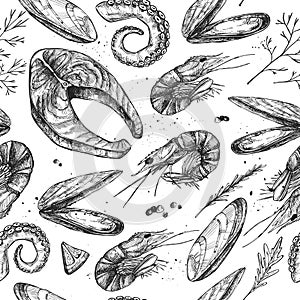 Hand drawn vector illustration - Seamless patterns with seafood