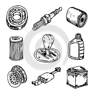 Hand drawn vector illustration set of auto parts sign and symbol doodles elements. Isolated on white background