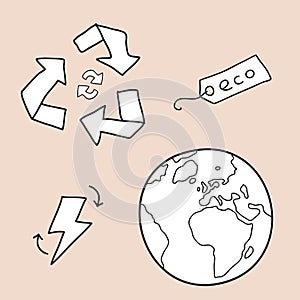 Hand drawn vector illustration of a set of ecology concepts, designs, and icons in doodle style