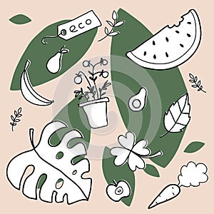 Hand drawn vector illustration of a set of ecology concepts, designs, and icons in doodle style