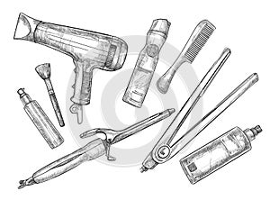 Hand-drawn vector illustration - Set of hairdresser tools