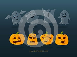 Hand drawn vector illustration. Set for Halloween, pumpkins and ghosts on a dark background.