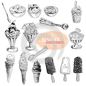 Hand drawn vector illustration set with ice Cream