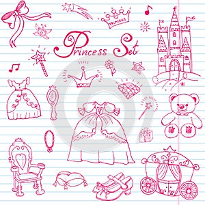 Hand drawn vector illustration set of princess sign, Castel, throne and carriage, magic wand, mirror, stuffed toy, croun and