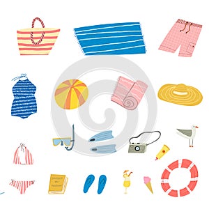 Hand drawn vector illustration of set with summer vacation beach set items hat, sun screen, swimming suit, ice cream