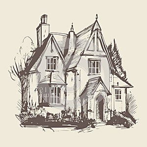 A hand-drawn vector illustration sketch of an old English house or manor, depicting the traditional European architecture of the