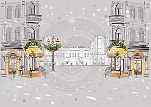 Hand drawn vector Illustration of the snowy cafe entrance decorated with a New Year`s garland.
