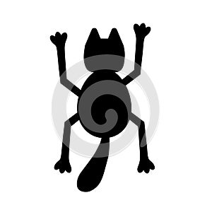 Hand drawn vector illustration a sticker of fun cute adult young black cat is hanging on a white background