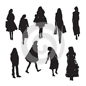 Hand-drawn vector illustration: stylized people. Watercolor sketches. Three women fashionably dressed