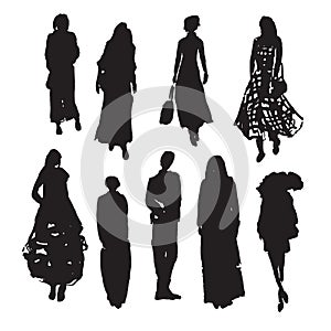 Hand-drawn vector illustration: stylized people. Watercolor sketches. Three women fashionably dressed