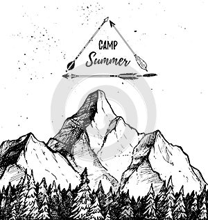 Hand drawn vector illustration - Summer camp. Mountain and fores