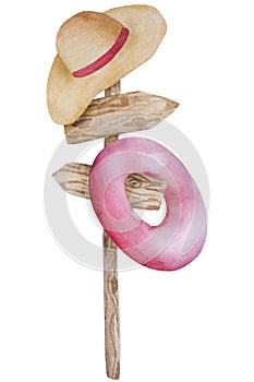 Hand-Drawn Vector Illustration Of Summer Theme Featuring Wooden Signpost With Hanging Hat And Swimming Ring