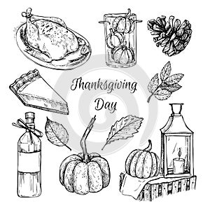 Hand drawn vector illustration - Thanksgiving day. Design elements