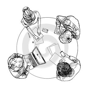 Hand drawn vector illustration. Top view: Business conversation