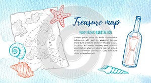 Hand drawn vector illustration - treasure map with sea shells