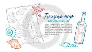 Hand drawn vector illustration - treasure map with sea shells, s