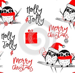 Hand drawn vector illustration with two cute owls celebrating celebrating a Merry Christmas - seamless pattern