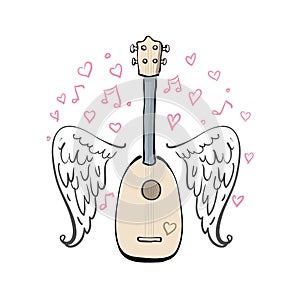 Hand drawn vector illustration with ukulele, sketch wings, hearts and melody