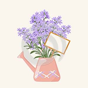 Hand drawn vector illustration of violet lavender flowers bouquet in a watering can with a plate for text