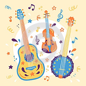 Hand drawn vector illustration Violin, Banjo, and Acoustic Guitar. Banner for Live music festival.