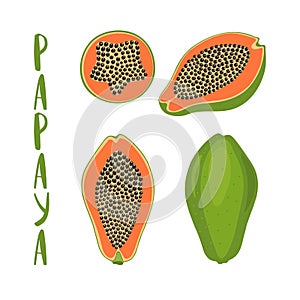 Hand drawn vector illustration of whole and sliced papaya with lettering