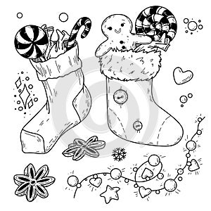 Hand drawn vector illustration with witch Befana flying on broomstick, stockings, Italian text Arriva la Befana, Befana photo