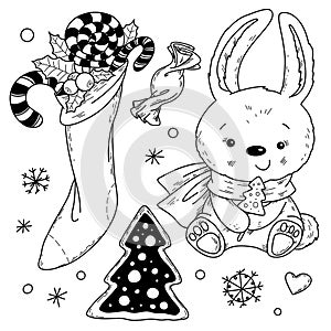 Hand drawn vector illustration with witch Befana flying on broomstick, stockings, Italian text Arriva la Befana, Befana photo