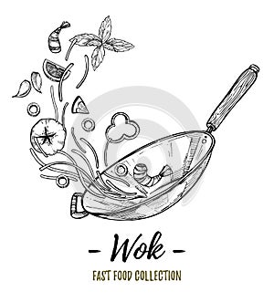 Hand drawn vector illustration - Wok. Wok pan, chinese noodles,