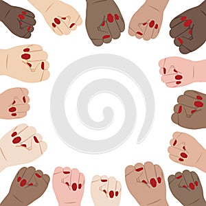 Hand drawn vector illustration of woman hands clenched fist with blank space for text on white background.