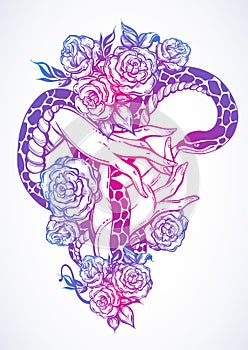 Hand drawn vector illustration with woman`s hands holding a snake among roses. Beautifully detailed artwork. Consept art.