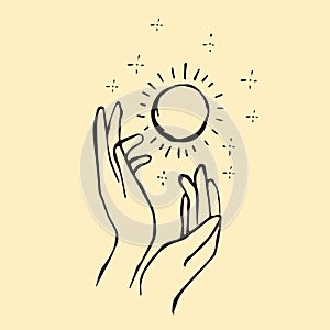 Hand drawn vector illustration. Women's hands holding sun