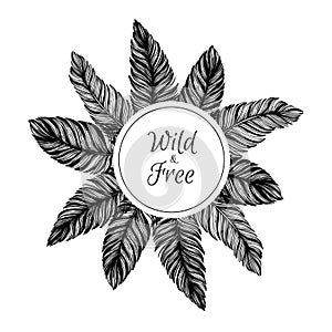 Hand drawn vector illustration - Wreath of feathers