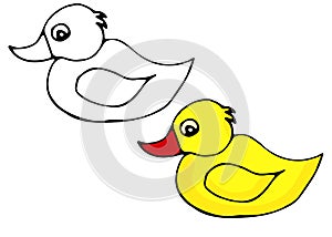 Hand-drawn vector illustration of a yellow rubber duck for bath and spa icon. Pattern for coloring