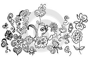 Hand Drawn Vector Illustrations Of Abstract Set of Flowers Isolated on White. Hand Drawn Sketch of a Flowers