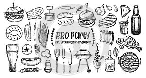 Hand drawn vector illustrations. BBQ collection. Barbeque design photo