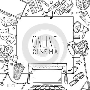 Hand drawn vector illustrations - Cinema collection. Movie and film elements in sketch style.