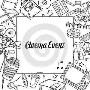 Hand drawn vector illustrations - Cinema collection. Movie and film elements in sketch style.