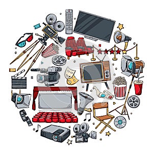 Hand drawn vector illustrations - Cinema collection. Movie and film elements in sketch style.