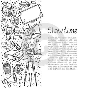 Hand drawn vector illustrations - Cinema collection. Movie and film elements in sketch style.