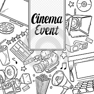 Hand drawn vector illustrations - Cinema collection. Movie and film elements in sketch style.