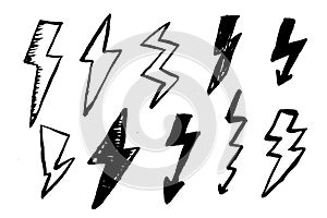 Hand-Drawn Vector Illustrations of Electric Lightning Symbols for Conceptual Design