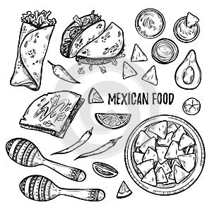 Hand drawn vector illustrations - Mexican food (tacos, nachos, b