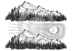 Hand drawn vector illustrations the mountains with a coniferous forest on them and the sun