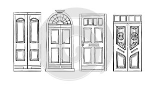 Hand drawn vector illustrations - old vintage doors. Isolated on
