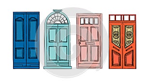 Hand drawn vector illustrations - old vintage doors. Isolated on