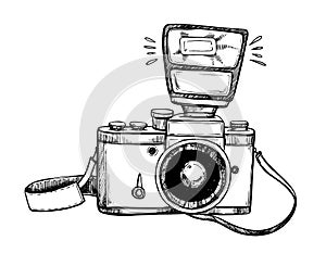 Hand drawn vector illustrations. Retro camera with flash and lac