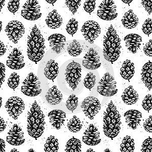 Hand drawn vector illustrations. Seamless pattern with pine cones